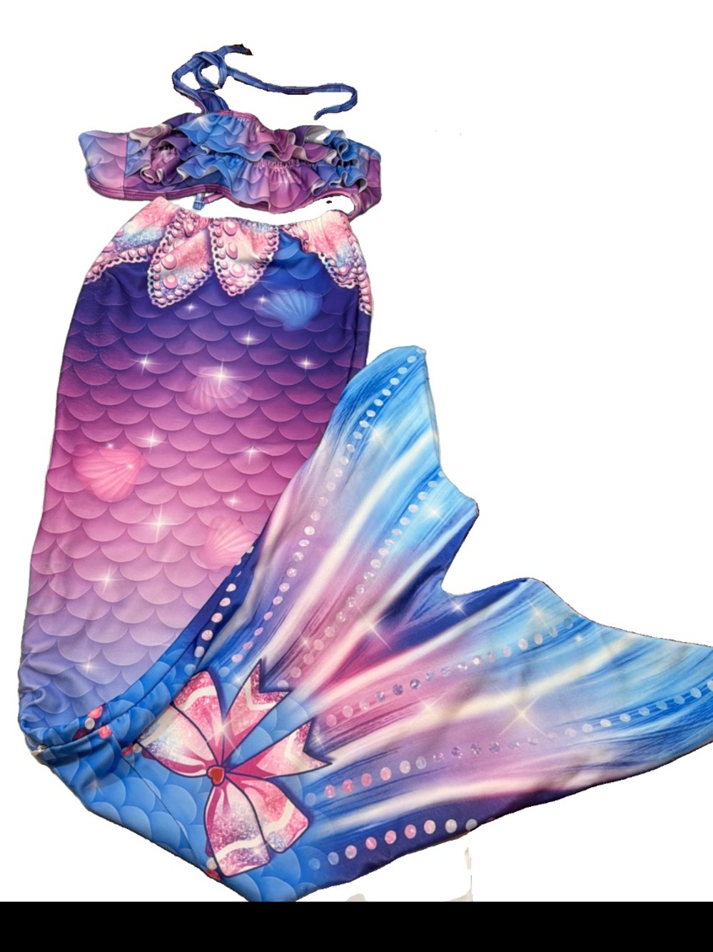 Mermaid swim Suit Girls 5/6 Pink Blue Purple Bikini Ruffle TOP Long Fin Tail SET